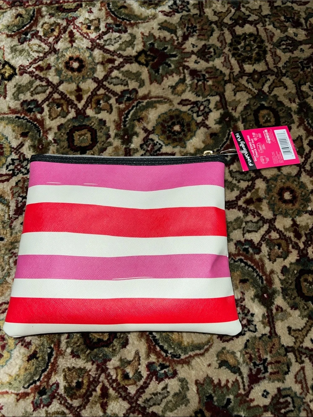 Soho Pink & Red Striped Zip Pouch “Put on Red Lipstick and Live Alittle”